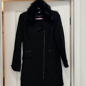 White House Black Market Black Trench Coat with Faux Fur Collar